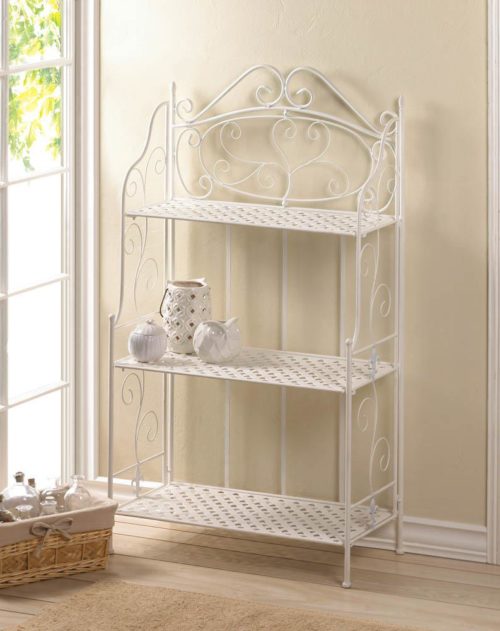 WHITE BASKET WEAVE BAKERS RACK