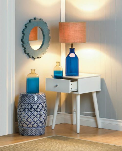 MODERN CHIC SIDE TABLE, BLUE AND WHITE CERAMIC DECORATIVE STOOL, BLUE SUNBURST WALL MIRROR