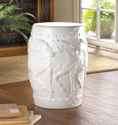 WHITE HORSES CERAMIC DECORATIVE STOOL