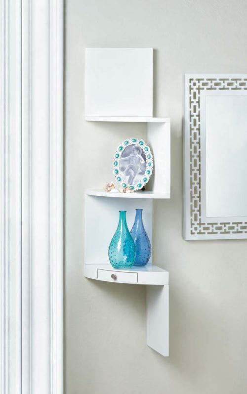 WHITE CORNER TRIPLE SHELVES WITH DRAWER