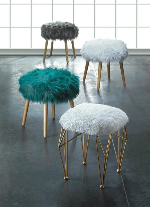 GEO WHITE FAUX FUR STOOL