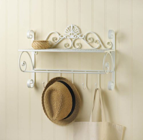 WHITE FLOURISH WALL SHELF WITH HOOKS