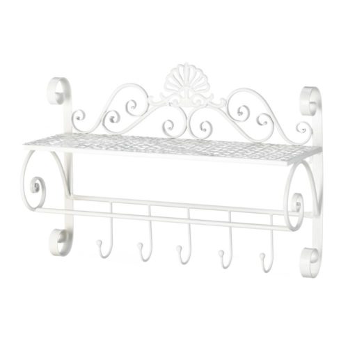 WHITE FLOURISH WALL SHELF WITH HOOKS